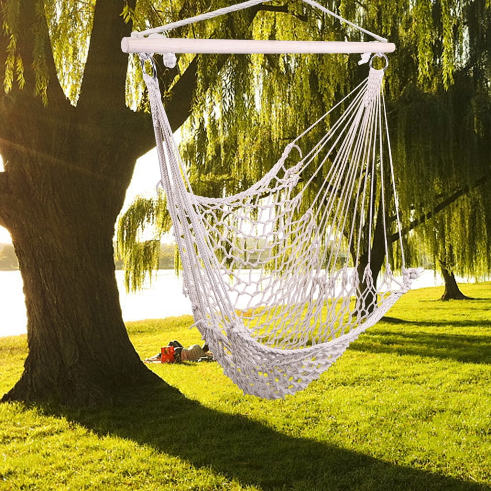 Hammock Cotton Swing Camping Hanging Rope Chair Wooden Beige White Outdoor Patio 