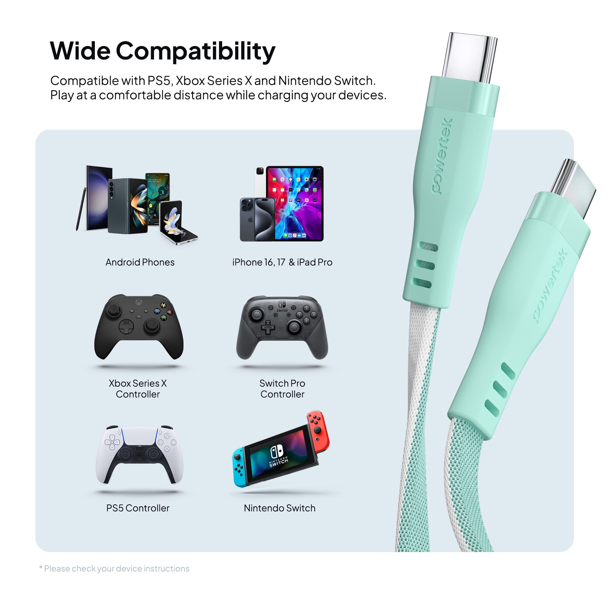 Powertek USB-C to USB-C Two-Tone Pastel Fast Charge Cable, 6 ft, Mint