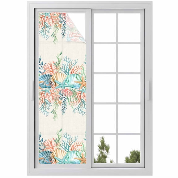 Summer Ocean Window Privacy Film, Watercolor Coastal Coral Shell Seaweed Beige Static Cling UV Sun Blocking Heat Control Window Tint Day and Night, Non-Adhesive One Way Privacy Cover 17.7''x78.7''