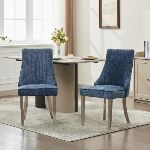 Rayon Cloth Flocking Chenille Dining Chairs Channel Kitchen Dinner Chair Comfy Fabric Upholstered Accent Chair for Dining Room with Silver Brushed Stainless Steel Legs,Set of 2, Blue