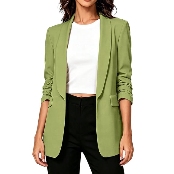 Yrmaups 3/4 Sleeve Open Front Ruched Blazer for Women, Plus Size Casual Business Work Outerwear, Stretchy Knit Blazer Jacket for Office Travel Daily Wear, Mint Green M