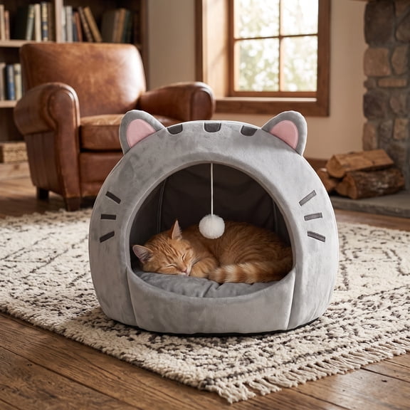 Cute Cat Ear 2-in-1 Pet Bed Cave, Semi-Enclosed Cat Tent Bed with Hanging Ball, Warm Cozy Kitten House for All Seasons, Foldable Convertible Pet Nest for Cats Small Dogs Puppies
