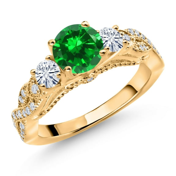 Gem Stone King 18K Yellow Gold Plated Silver Green Created Emerald and White Moissanite Engagement Ring for Women (1.47 Cttw, Gemstone May Birthstone, Round 6MM and 3MM, Size 9)