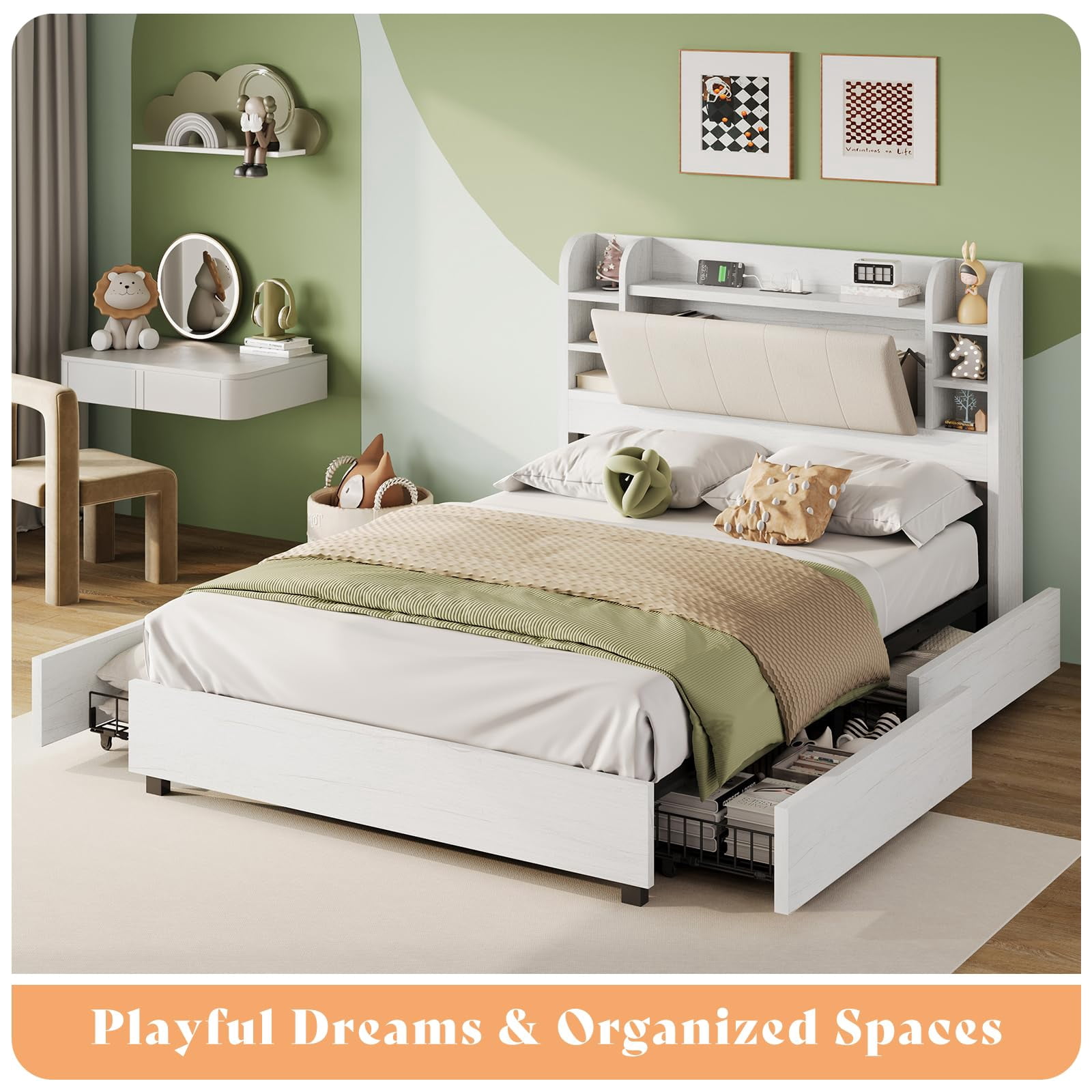 Amerlife Queen Size Bed Frame with Drawers,Upholstered Bookcase Headboard and Charging Station,White