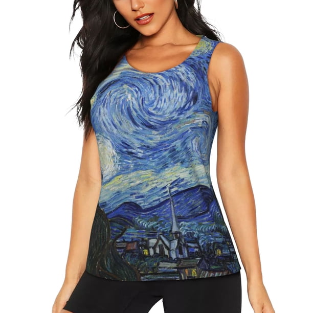 Balery The Starry Night Camiseta sin mangas estampada ligera para mujer, tops de entrenamiento sin mangas, camisetas de yoga transpirables de secado rápido.-Large
