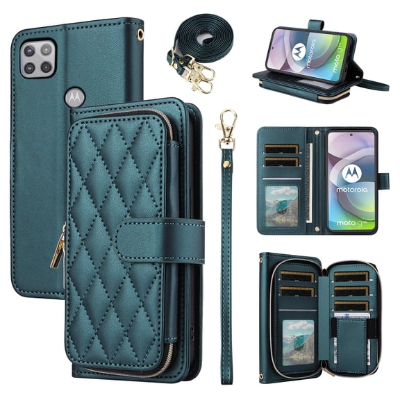 Furiet Argyle Wallet Case for Motorola Moto G 5G 2020 with Wrist/Shoulder Strap Card Slot Zipper Purse Luxury PU Leather Card Holder Stand Checkered Phone Cover for G5G 5 G G5 Women Girls Green