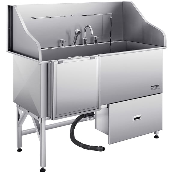 Spaco 61" Stainless Steel Dog Grooming Bath Tub with Left Side Ramp and Water Filter - Heavy Duty Design for Professional Pet Care, Natural