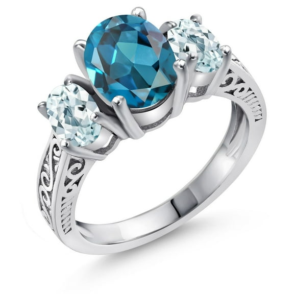 Gem Stone King 925 Sterling Silver London Blue Topaz and Sky Blue Aquamarine Women Engagement Ring (2.66 Ct Oval, Gemstone Birthstone, Size 5)