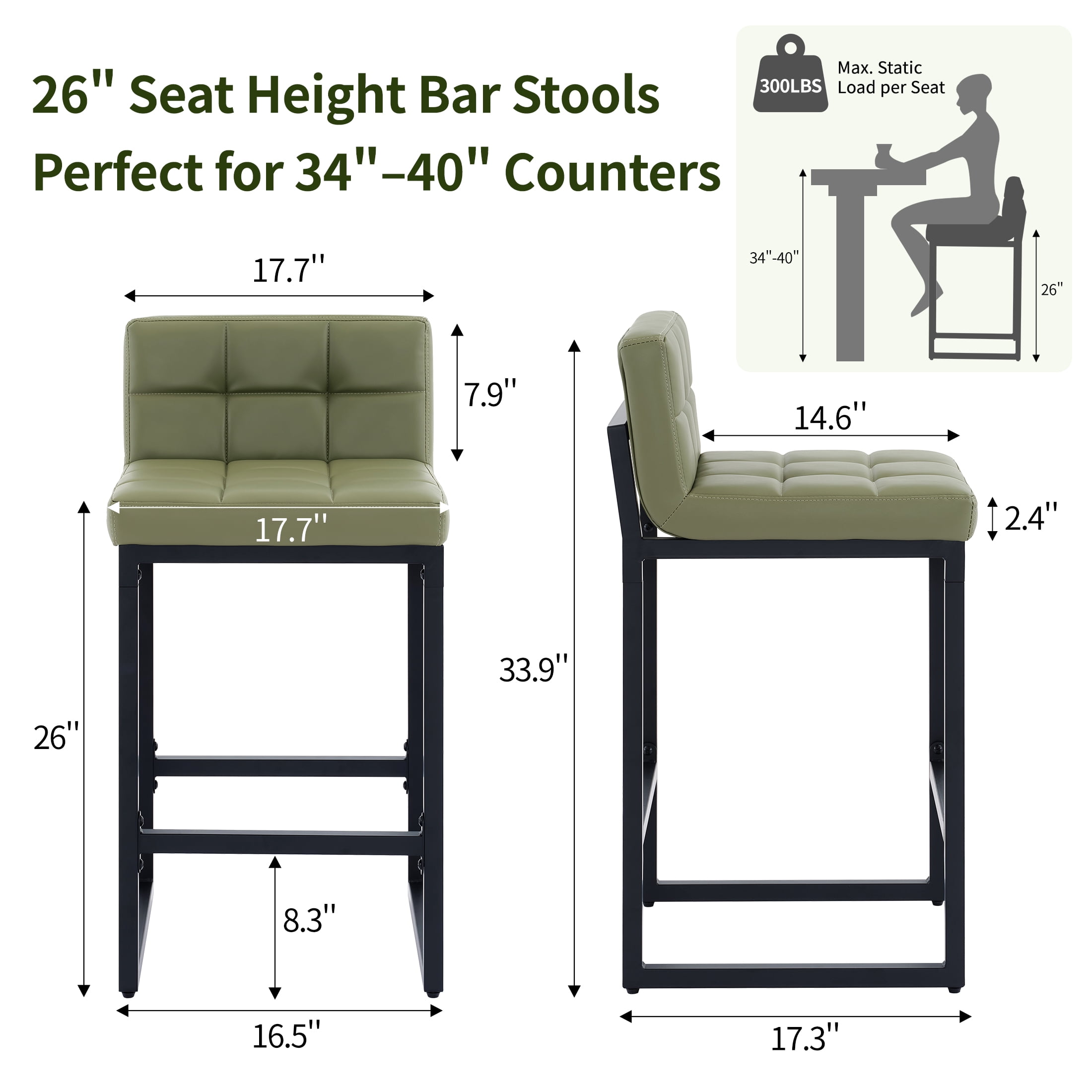 FIRAVOE Bar Stools Set of 3, Counter Height Bar Stools (Low Back)(Thickened Frame) 26" PU Leather Barstools Bar Chairs for Kitchen Island, Green