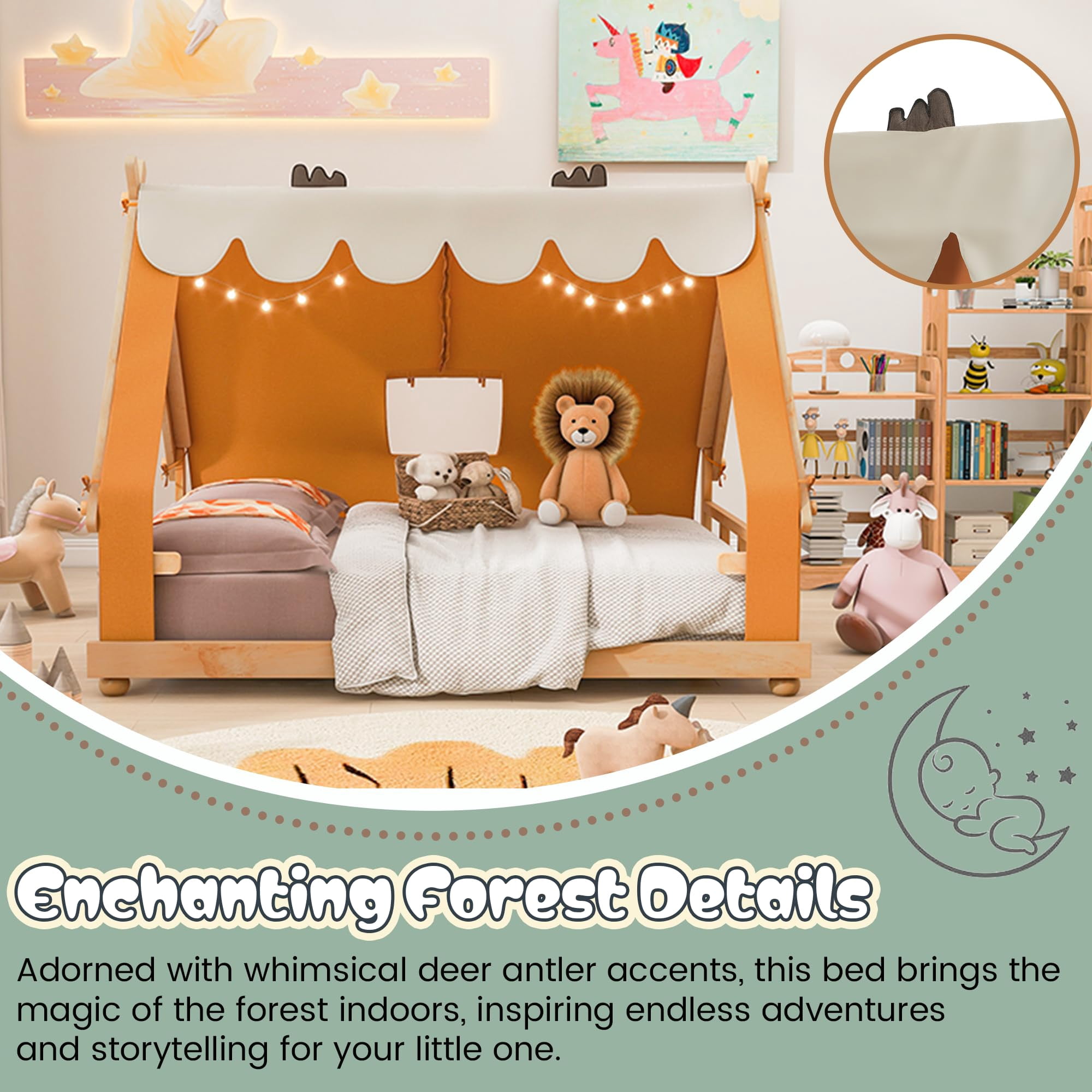 Mirightone Full Floor Bed Frame with Light, Full House Bed with Tent, Floor Bed Full with Slats, Brown + Natural