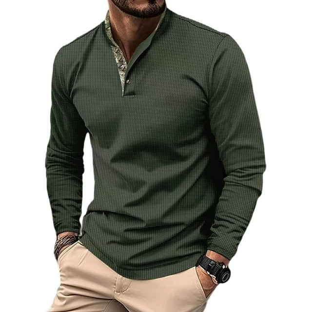 Fashnice Chemise Homme Manches Longues Col Polo Coupe Régulière T-Shirts de Travail Vert Armée P
