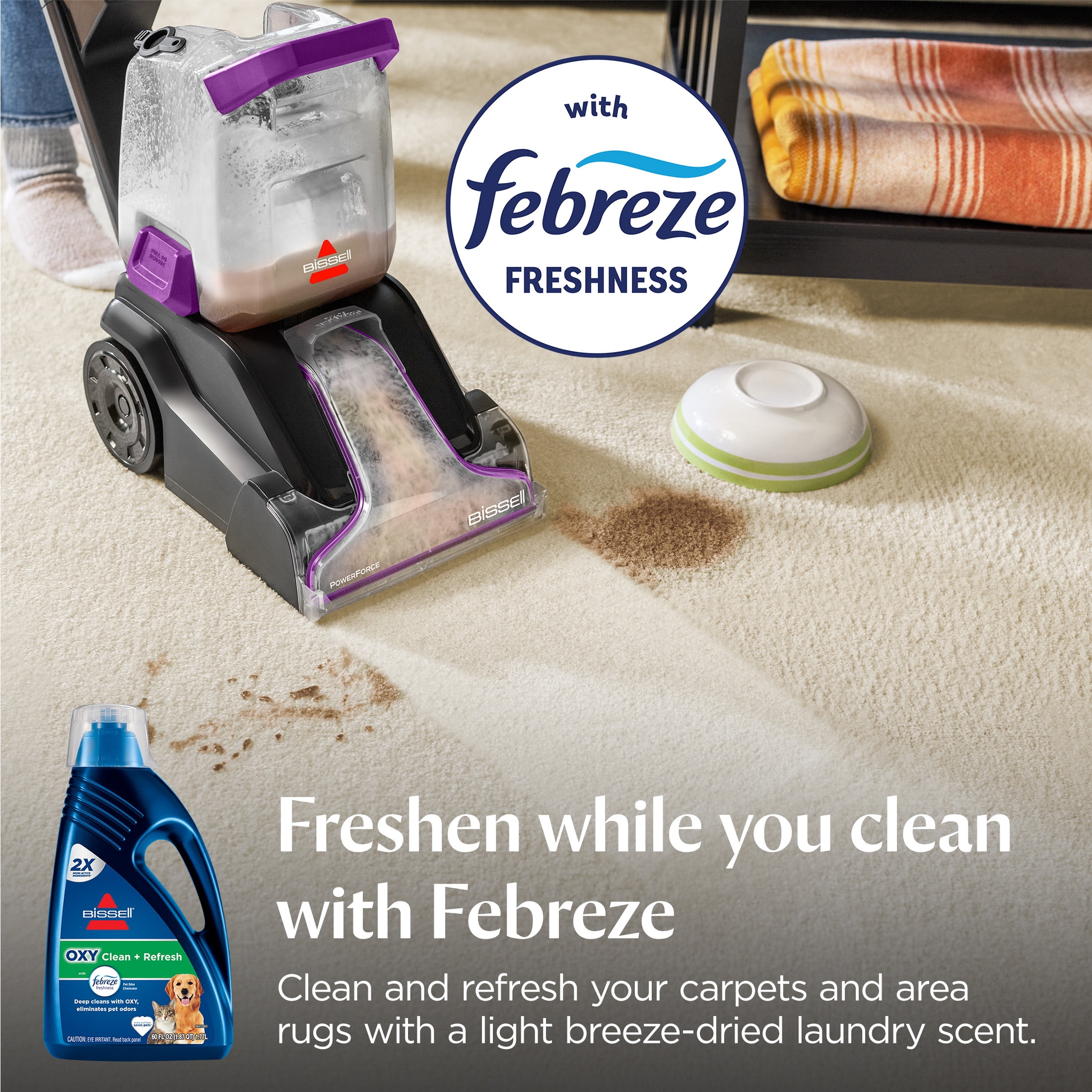 (4 pack) BISSELL OXY Clean + Refresh with Febreze Carpet Cleaning Solution, Fresh Scent, Best Paired with Upright Deep Cleaners, Deep Cleans with Oxy, Eliminates Pet Odors, 5959W, 60 fl oz
