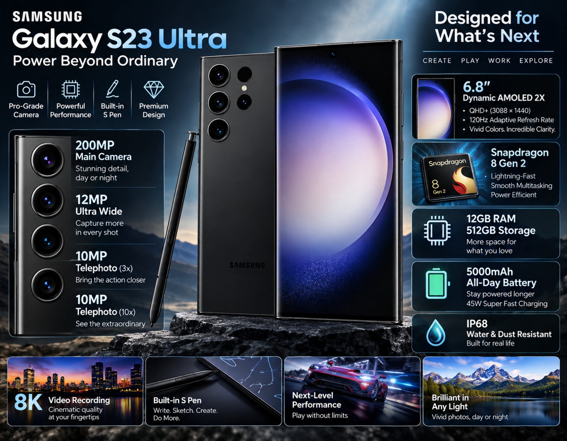 Samsung Galaxy S23 Ultra 5G, 512GB, 12GB RAM, Unlocked, Phantom