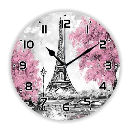 Stylish Pastel Red Paris Tower Oil Painting Wall Clock for Living Room Modern France City Landscape Art Wall Watch Home Decor 35(10 Inch)