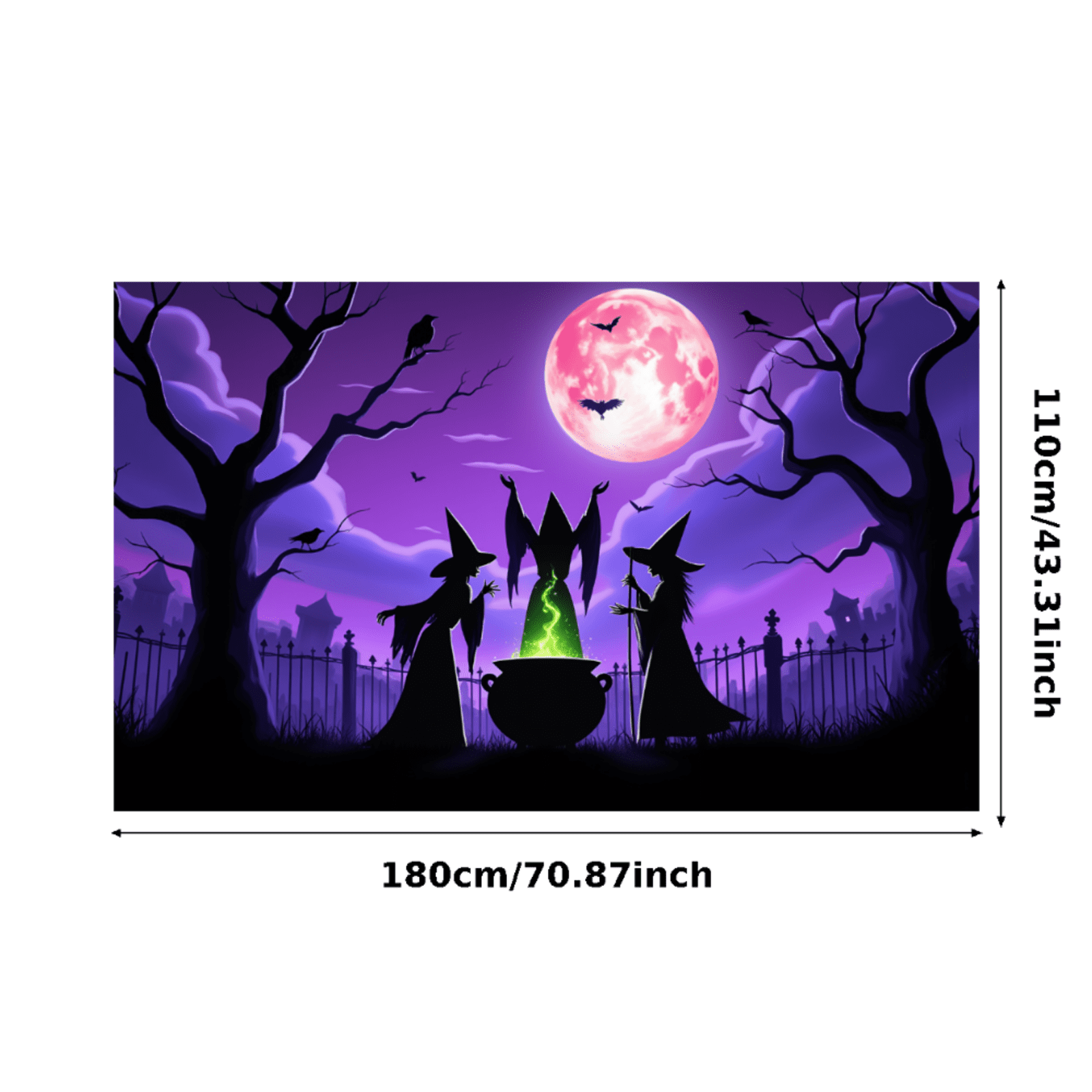 Halloween Garage Door Cover 13x6 Ft - Witch Flying On Broom Banner With Full Moon, Spooky Outdoor Decor