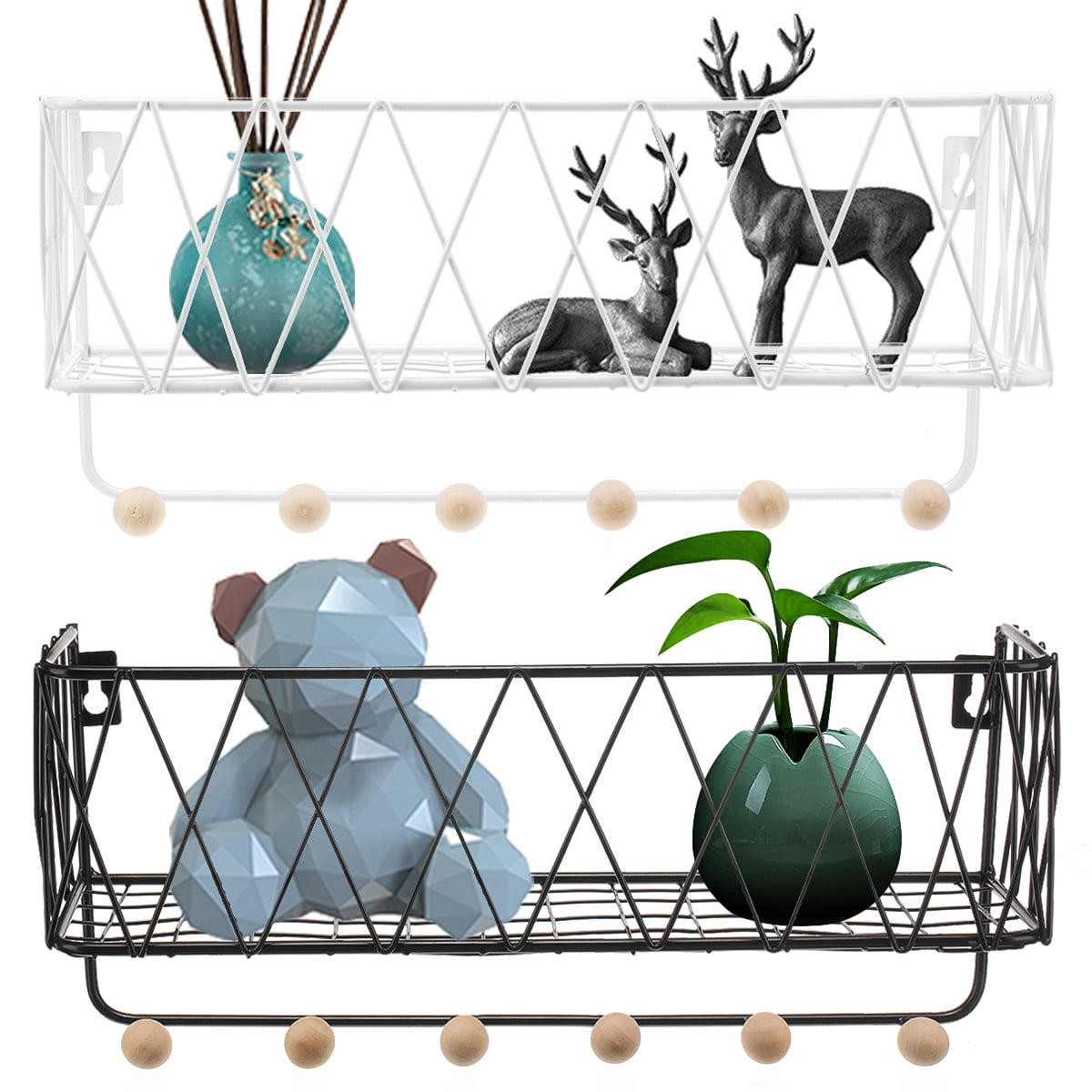 Metal Wire Shelves with 6 Hooks, Storage Basket Organizer, Modern Wall Decor Floating Shelves