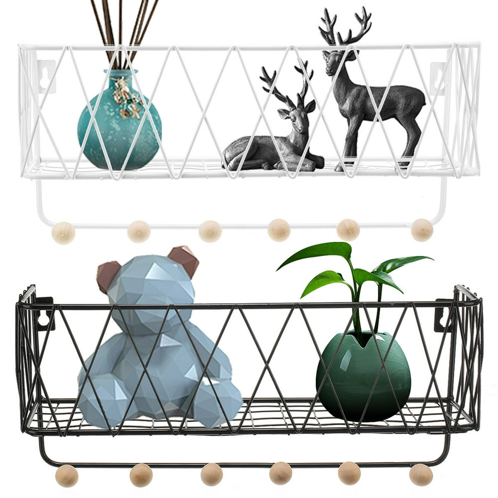 Metal Wire Shelves with 6 Hooks, Storage Basket Organizer, Modern Wall Decor Floating Shelves