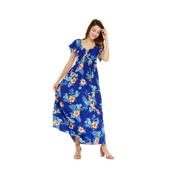 Women's Hawaiian Maxi Ruffle Sleeve Dress in Hibiscus Blue