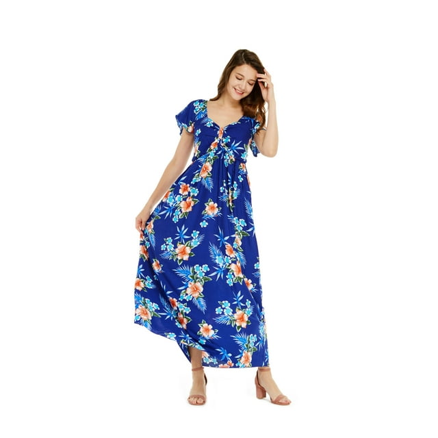 Women's Hawaiian Maxi Ruffle Sleeve Dress in Hibiscus Blue