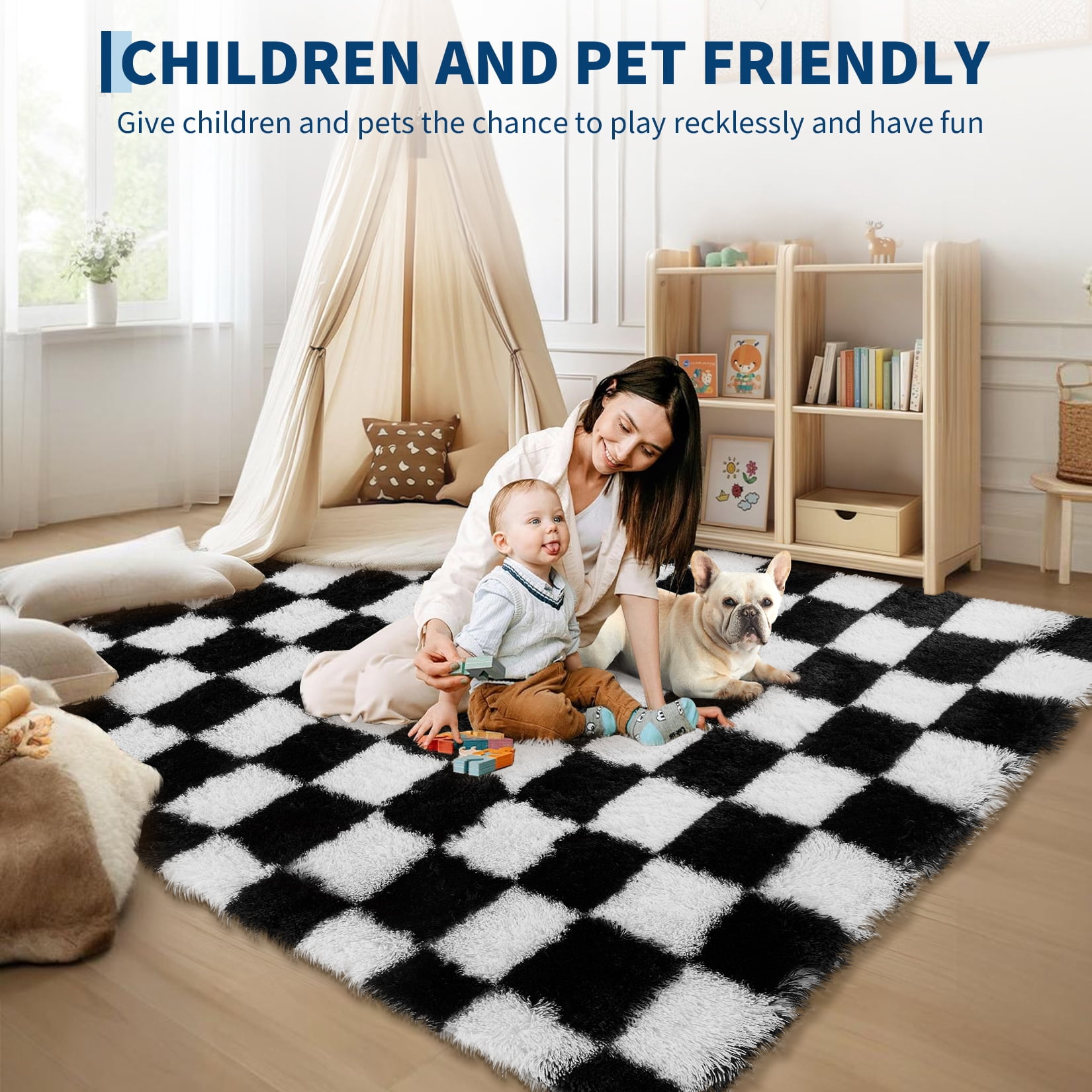 COZONY 8x10 Checkered Thick Area Rug, Large Ultra Soft Shag Plush Carpet for Living Room, Non-Slip Backing, Black