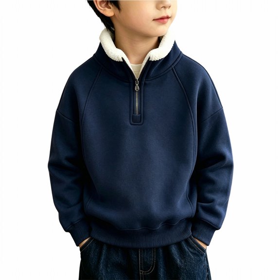 Boys Quarter Zip Sweatshirts Fleece Lining Pullover Winter Warm Clothes Kids Half Zip Stand Collar Shirts Ribbed Cuffs Windproof Sweatshirt School PE Active Tops