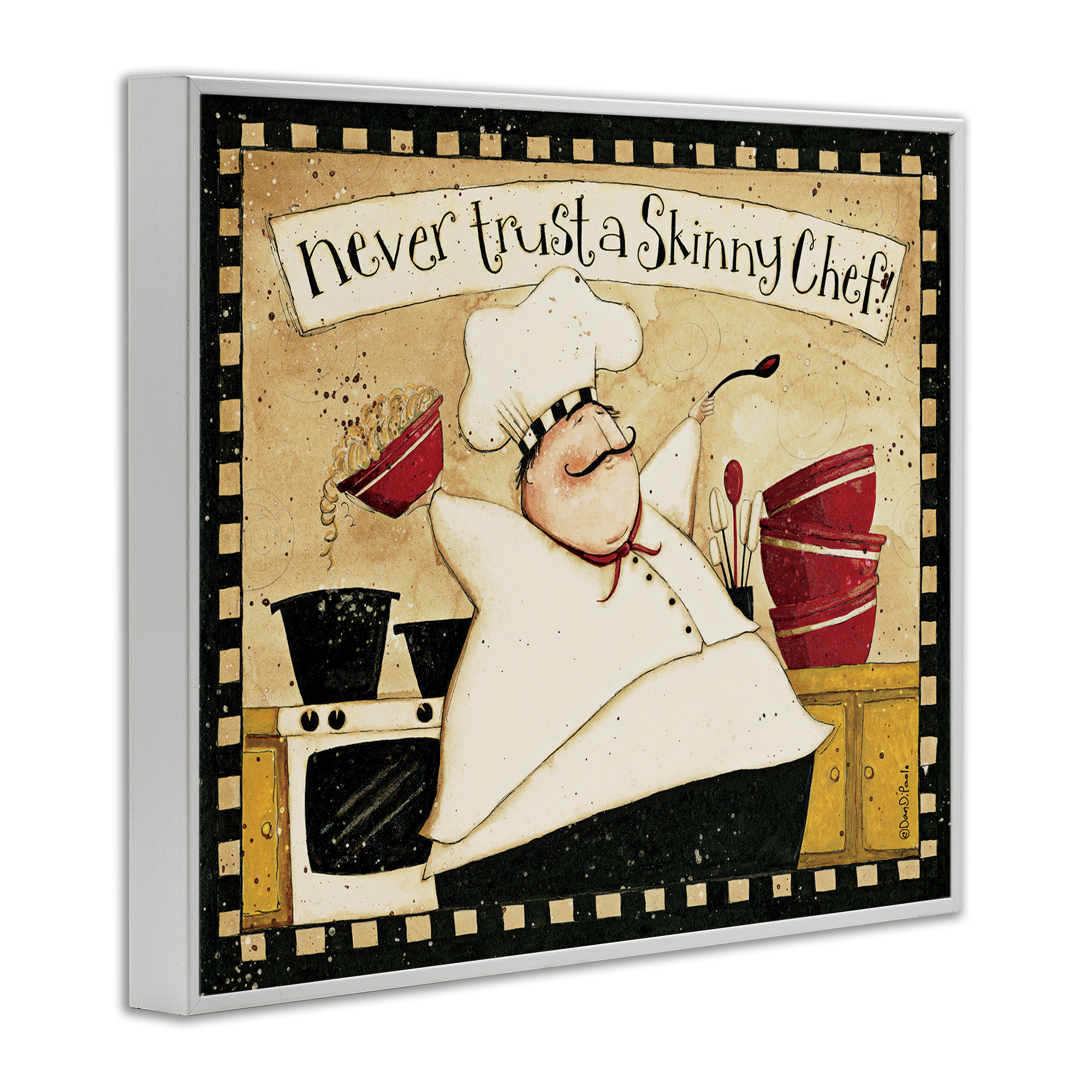Stupell Industries Skinny Chef Funny Kitchen Food & Beverage Painting White Framed Art Print Wall Art, 14 x 11