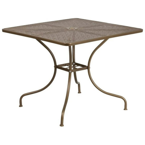 35.5" Square Gold Metal Patio Table with Umbrella Hole For Indoor or Outdoor Use