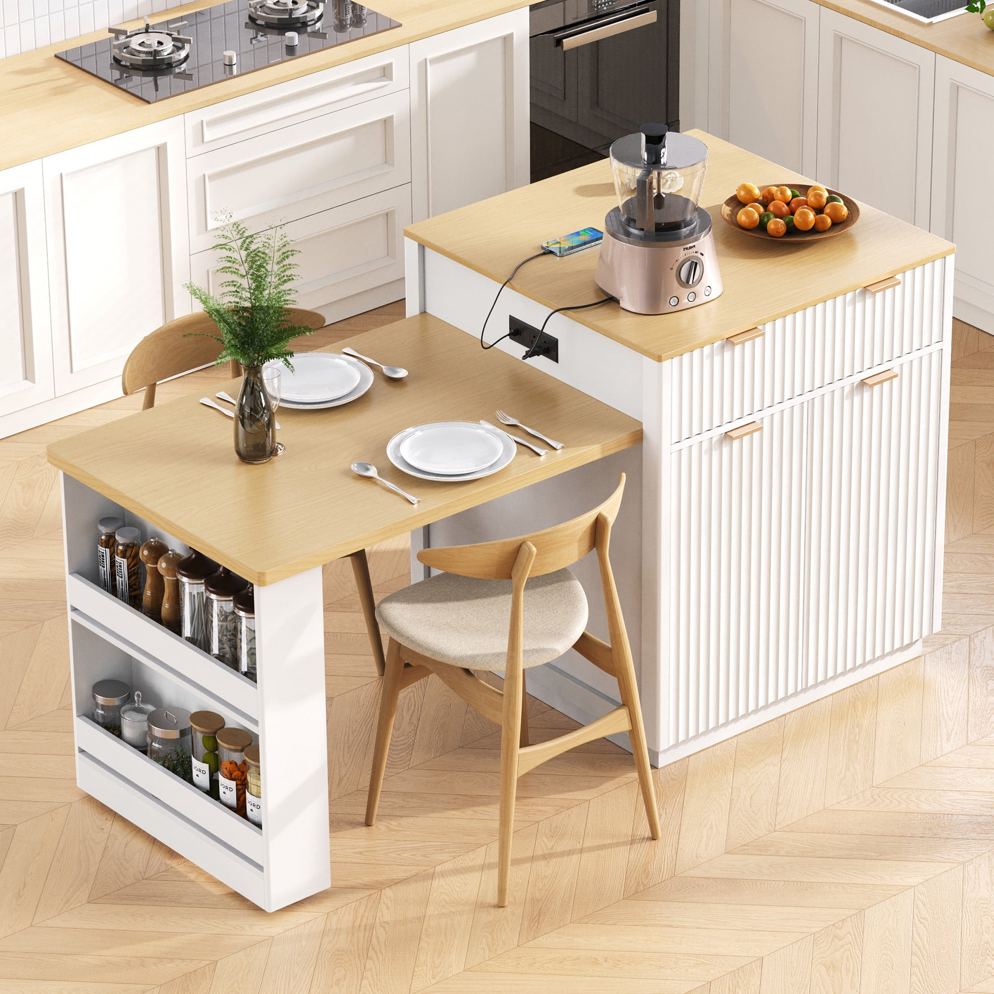 82.6" Fluted Kitchen Storage Island with Extendable Dining Table for 4-6 - Kitchen Table with Power Outlet, Double-Side Storage, 2 Drawers & 2 Side Open Shelves