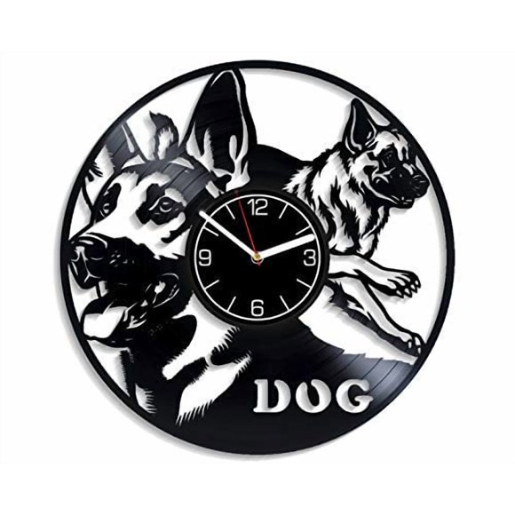 Kovides German Shepherd Vinyl Record Wall Clock 12 Inch Black Dog Wall Clock Home Decoration