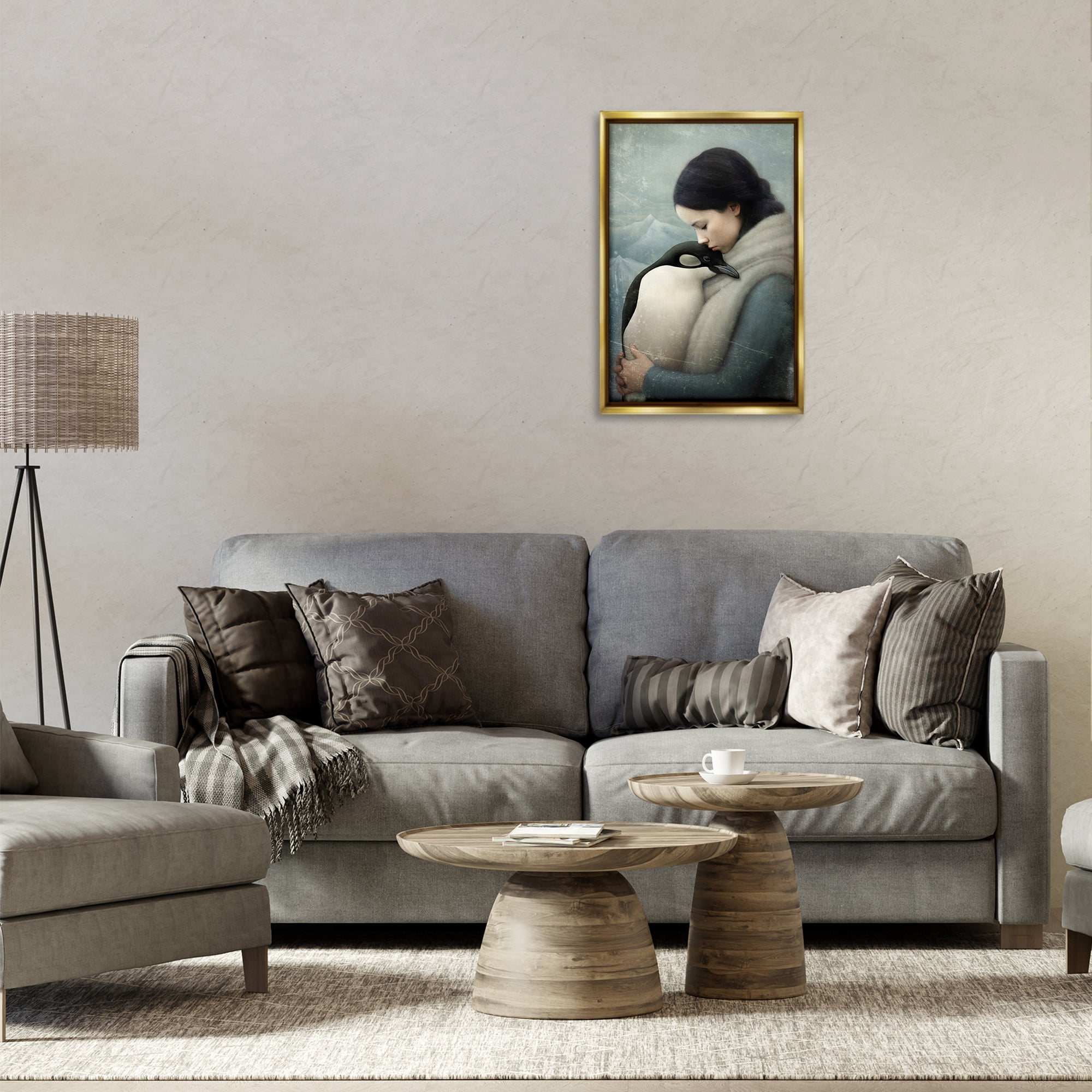 Stupell Industries Girl and Her Penguin People Painting Gold Floater Framed Canvas Art Print Wall Art, 17 x 25