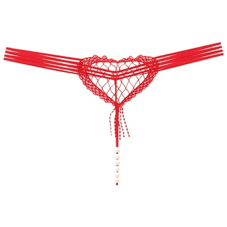 

CLZOUD Women s Lingerie Sleep & Lounge Panties Red Nylon Spandex Women Low Waist Heart Shaped Hollow Large Mesh G String Pants Pearl Massage Underpants