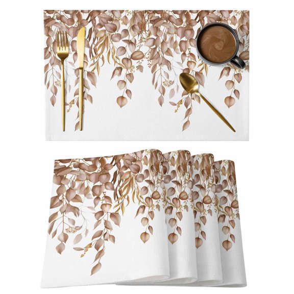 Brown Leaf Placemats Set of 8, Eucalyptus Leaves Spring Plant Farmhouses Non-Slip Place Mats Washable Table Mats for Kitchen Dining Table Decorations Indoor/Outdoor