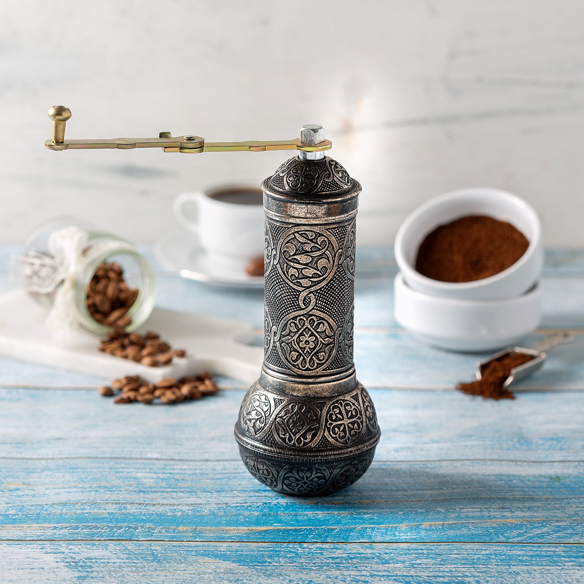 Crystalia Coffee Grinder, Refillable Turkish Style Mill with Adjustable Grinder, Manual Coffee Mill with Handle, Antique Grinder Metal with Hand Crank, Adjustable Coarseness (Antique Silver)