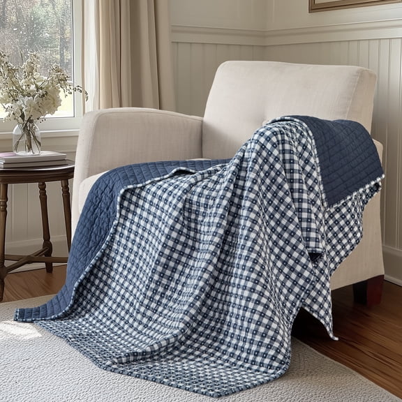 Levtex Home - Camden Gingham Stitch Navy Quilted Throw (50x60in) - Textured Gingham - Lightweight Cotton Throw Blanket - Navy and White - Reversible - Cotton