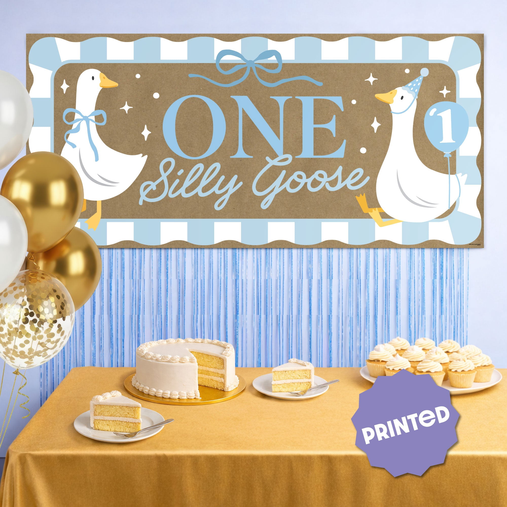 Big Dot of Happiness One Silly Goose Blue Kraft Paper Banner, Boy 1st Birthday Party Banner, Printed Brown Paper Party Sign Decoration – 1 Count