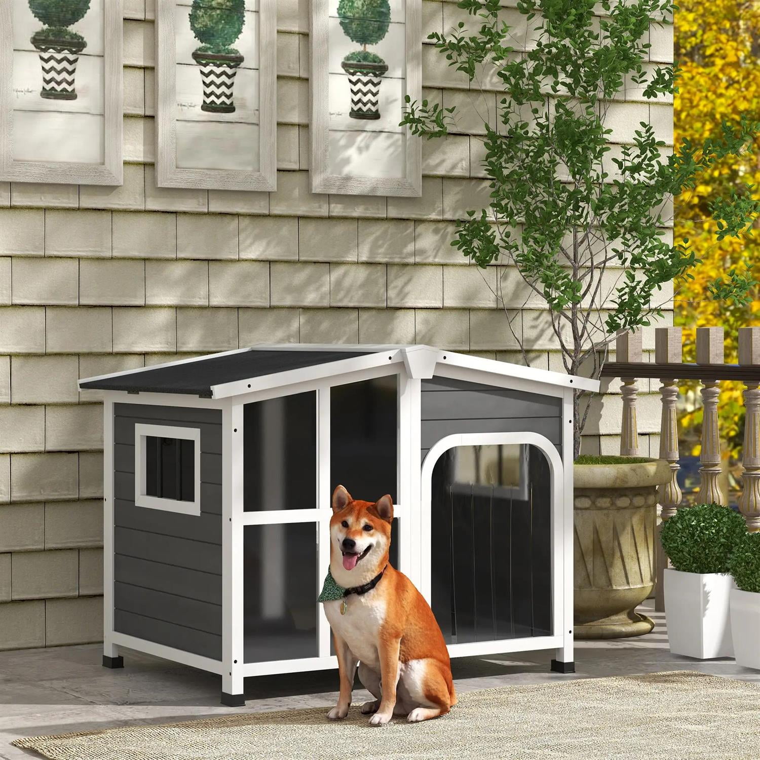Pefilos 42" Outdoor Cabin Style Dog House with Openable Roof & Giant Window, Wooden Dog Kennel Weatherproof for Small to Large Dogs, Gray