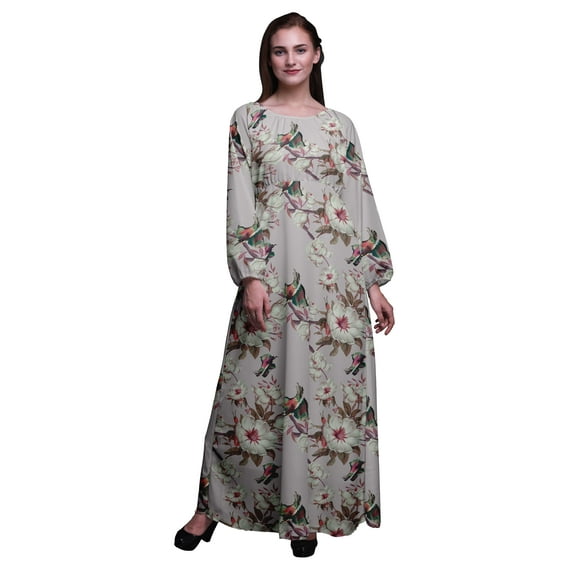 Bimba Moss Georgette Floral & Bird Printed Women’s Long Sleeve Maxi Dress Elastic Waist Gown-XSmall