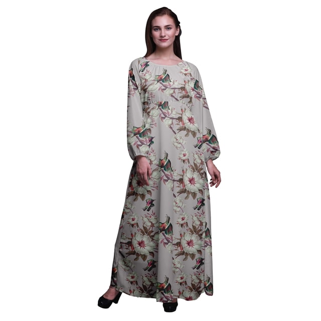 Bimba Robe Maxi à Manches Longues pour Femmes en Georgette Mousse à Imprimé Floral et d'Oiseaux, Taille Élastique - Très Petit