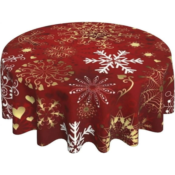 Christmas Tablecloth 60 Inch Round Winter Table Cloth Xmas White Gold Snowflake Table Cloths Waterproof Wrinkle Resistant Polyester Table Cover for Home/Kitchen/Dining Room/Party/Outdoor Picnic