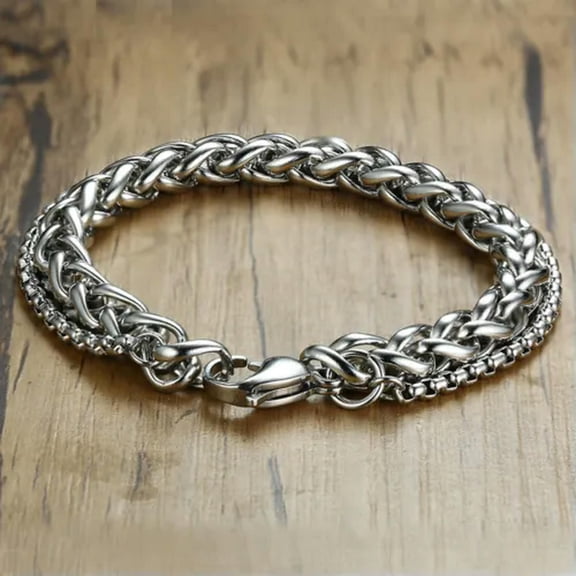QQTDFG 8.5" 8mm Women Mens Charm Polished Stainless Steel Double Link Chain Bracelet-Silver