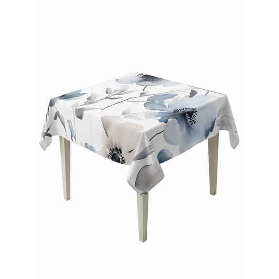 Blue Grey Spring Floral Table Cloth, Elegant Summer Botanical Waterproof Tablecloth for Square Tables, Reusable Washable Fabric Table Cover for Restaurant Kitchen Dining Tables 60"x60"