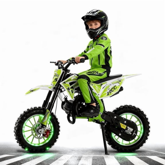Korogimeeet Green 49cc 2-Stroke Mini Motocross, Upgraded Frame with Rubber Chain Holster, Improved Exhaust Angle, Dual Disc Brakes, 40KM/H Fast Speed, 150kg Load, 47 x 28 Inch