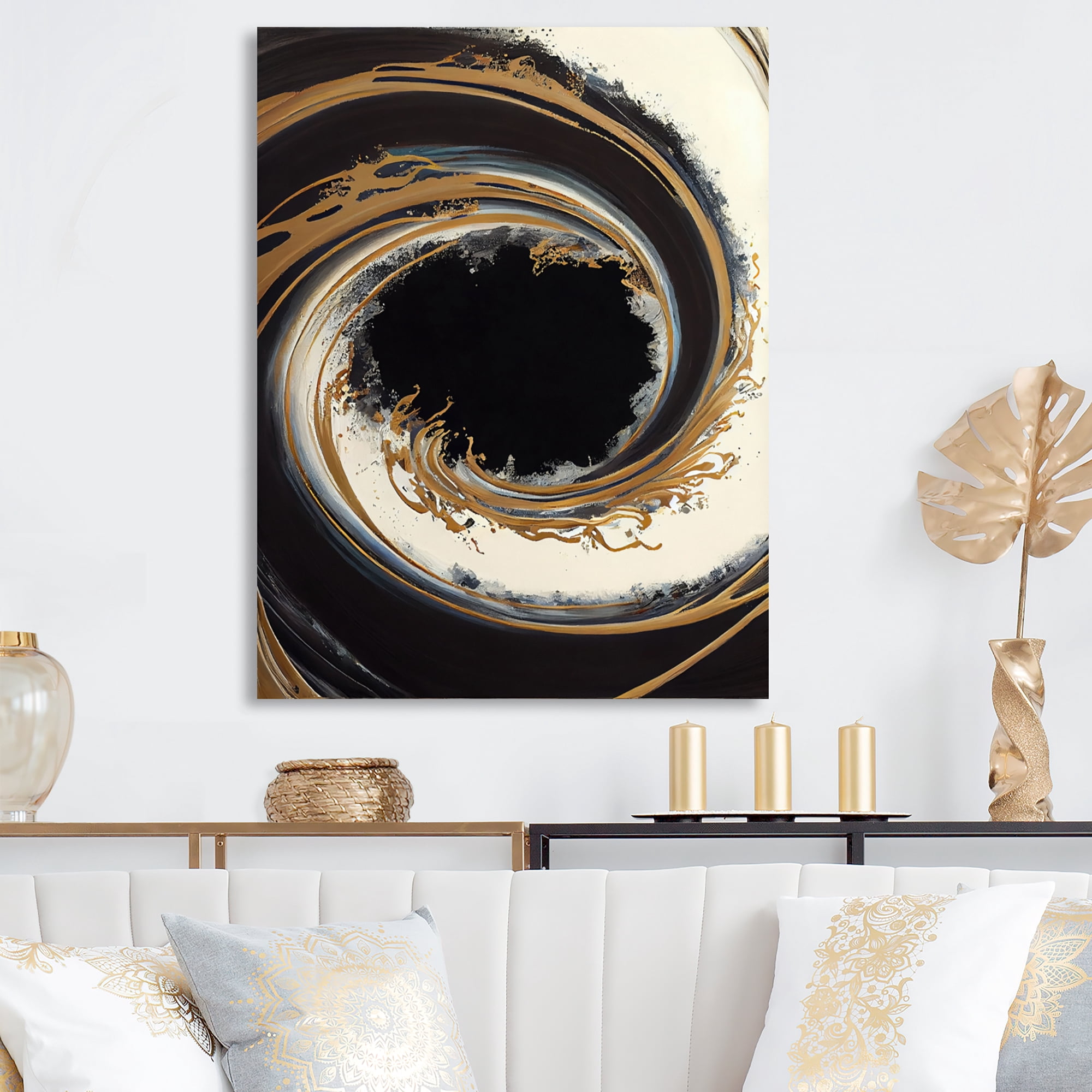 Designart Black And Gold Circle V Canvas Wall Art