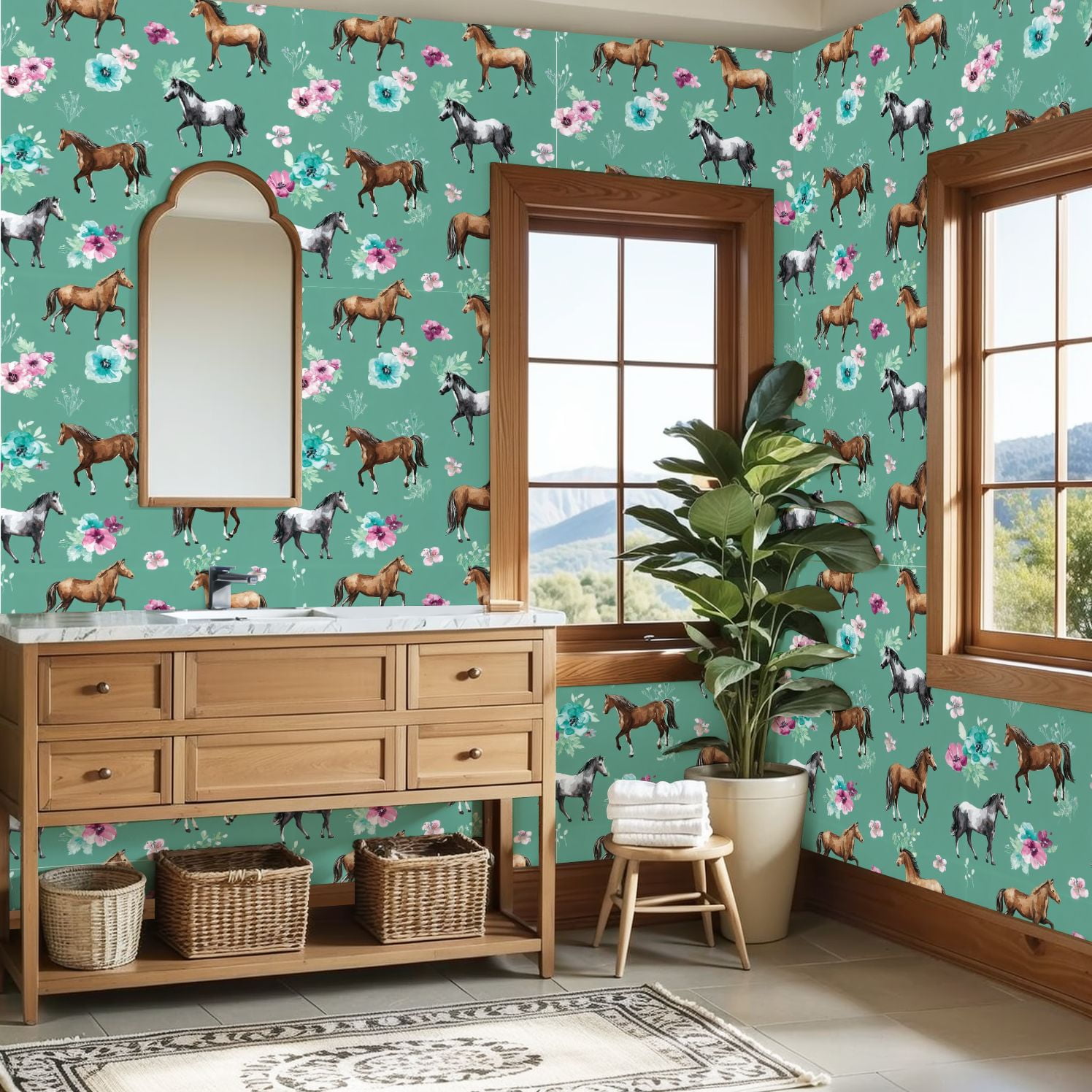 Western Peel and Stick Wallpaper Elegant Horses Floral Green Wall Mural 23.6in x 9.8ft Self Adhesive Removable Wall Paper Renter Friendly Wallpaper for Nursery Bedroom Cabinets