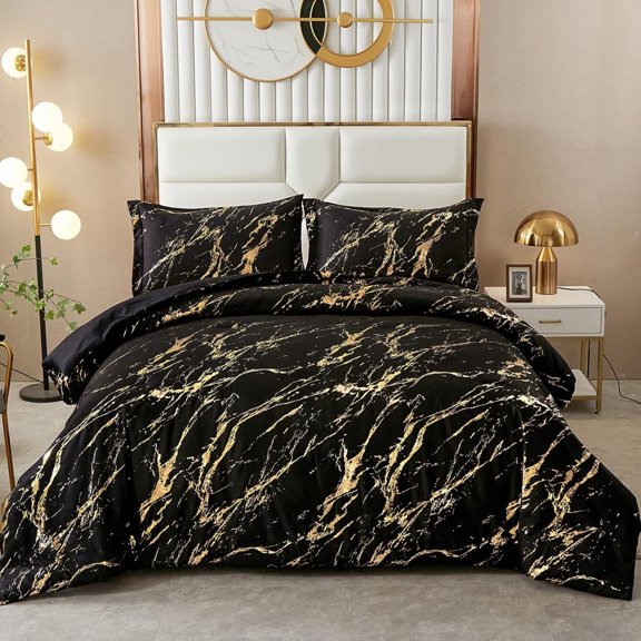 Black Gold Metallic Marble Comforter Set Queen Size,Soft Microfiber Bedding Set(90"x90")