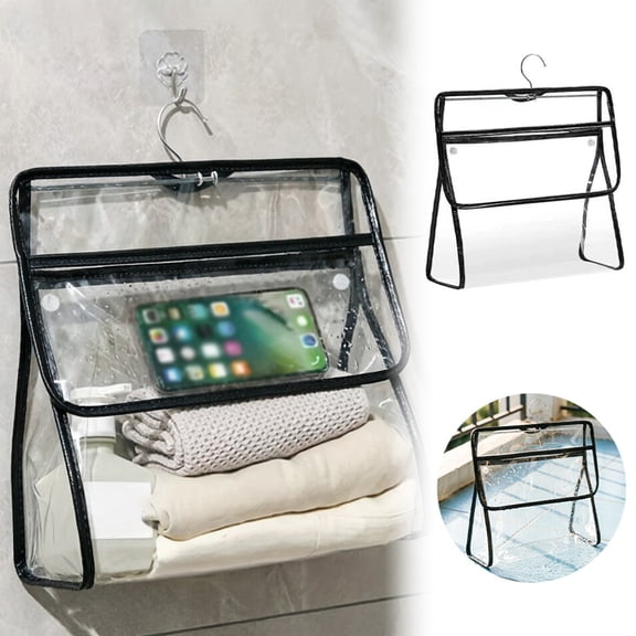 EverydayNest Transparent Hanging Storage Bag,Waterproof Shower Organizer with Hook and Snap Closure,Clear Dorm Functionals Bag for Bathroom Toiletries and Phone,15.3x6.2x13.4in