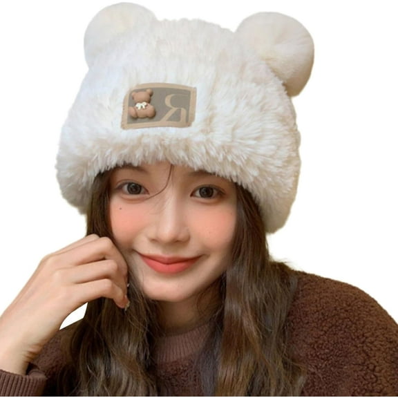 Furry Bear Ear Hooded Hat Soft Thicken Plush Winter hat for Women Fashion Cute Costume Accessory Comfortable Commuting Skiing