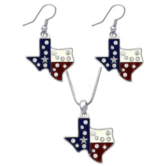 4th of July USA American Flag Heart Star Pendant Necklace Earrings Set (Texas Map Hook)