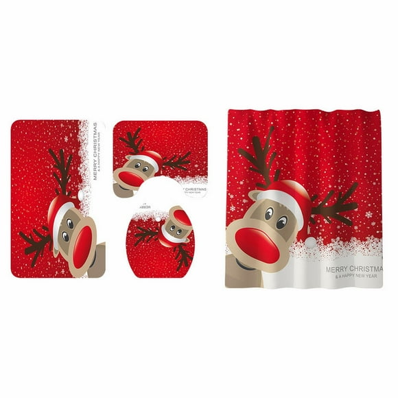 Christmas Bathroom Shower Curtain Mat Set Four Piece Toilet Cover Mat Non Slip Rug Shower Curtain Christmas Printing Santa Christmas Tree Bell Ball Four Piece Set Bedding Set Bed Sheet Set Duvet Cove