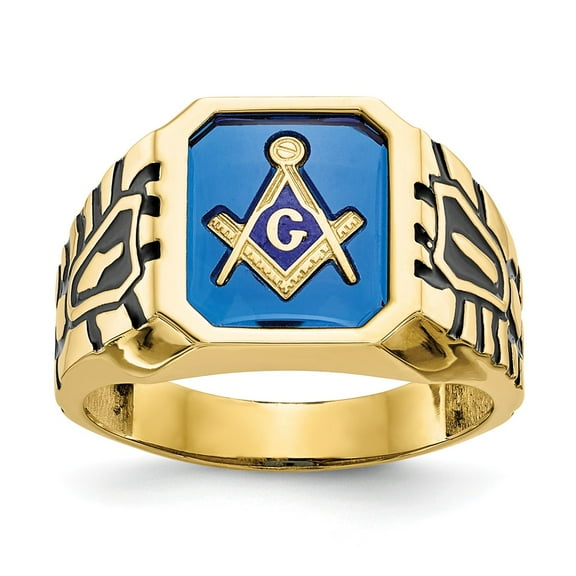 10K Yellow Gold Ring Band Men's Acrylic Blue Masonic